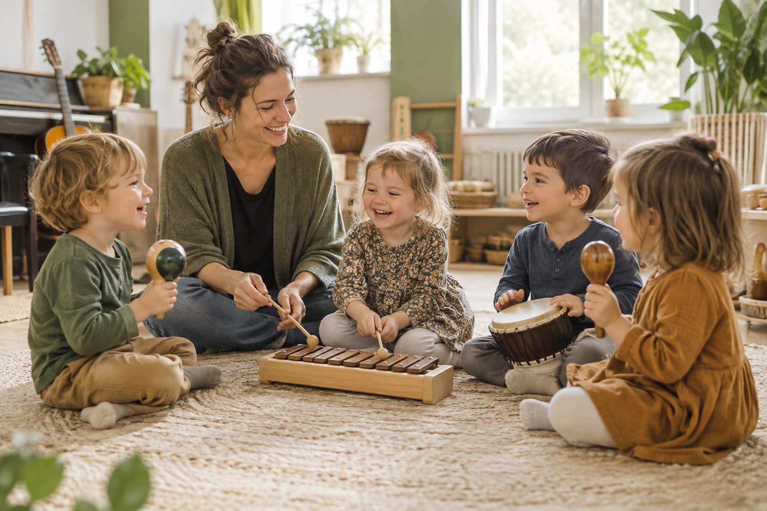KI-Symbolbild: Kinder entdecken mit einer Lehrkraft Rhythmus und Instrumente